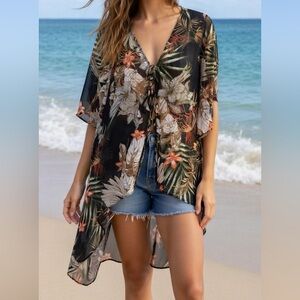 Chenault Deep Green Sheer Tropical Floral Tie-Front Kimono Top